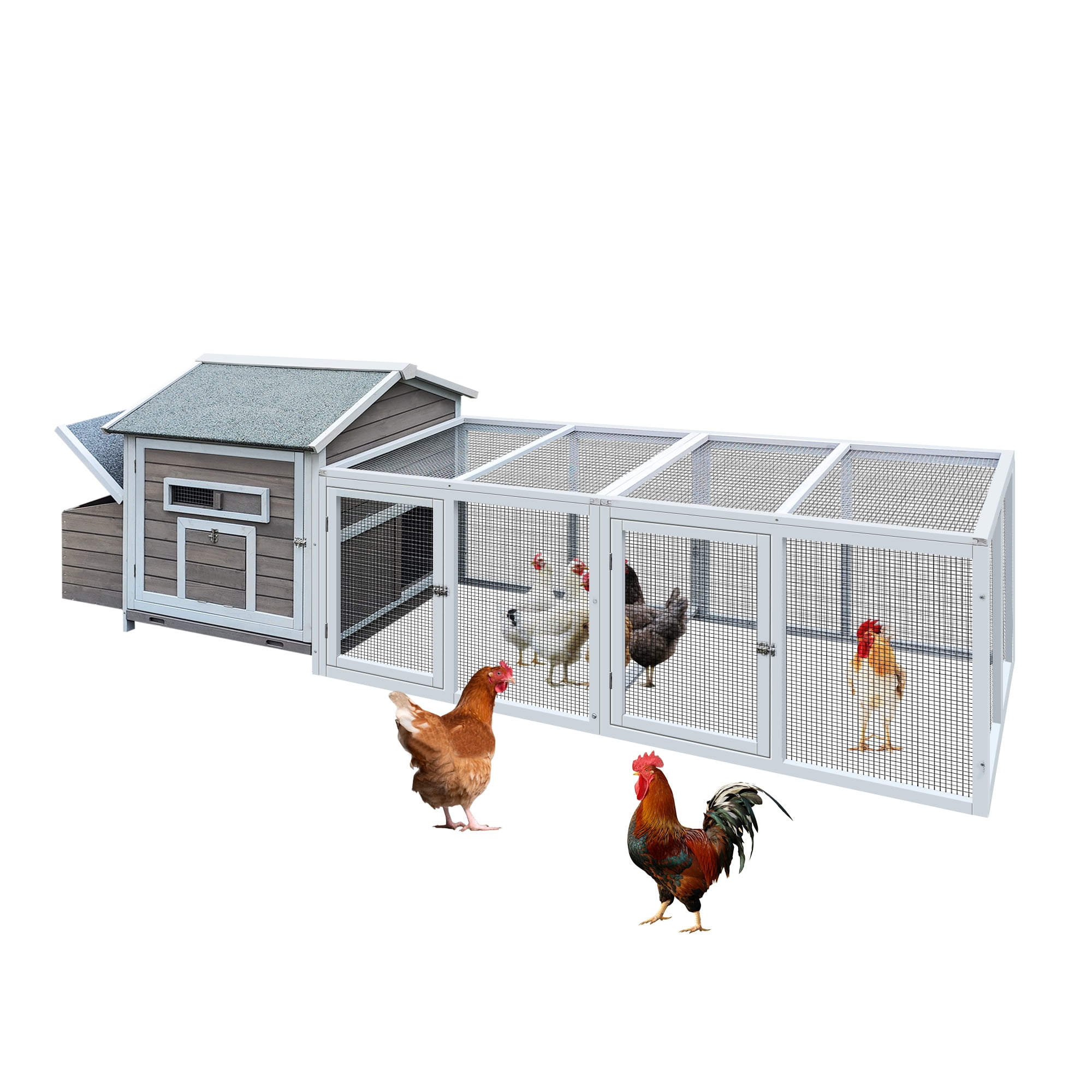Pefilos 118" Chicken Coop for Outdoor with Ramp, Wood Hen House with Free-range Doors, Nesting Box, Leakproof Pull-on Tray, Large Bunny Poultry Cage, Gray