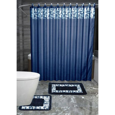 15pc NAVY BLUE MOSAIC Bathroom Set Printed Banded Rubber Backing Rug Bath Mats With Fabric Shower Curtain and Fabric-Covered Shower (Best Bathroom Shower Brands)