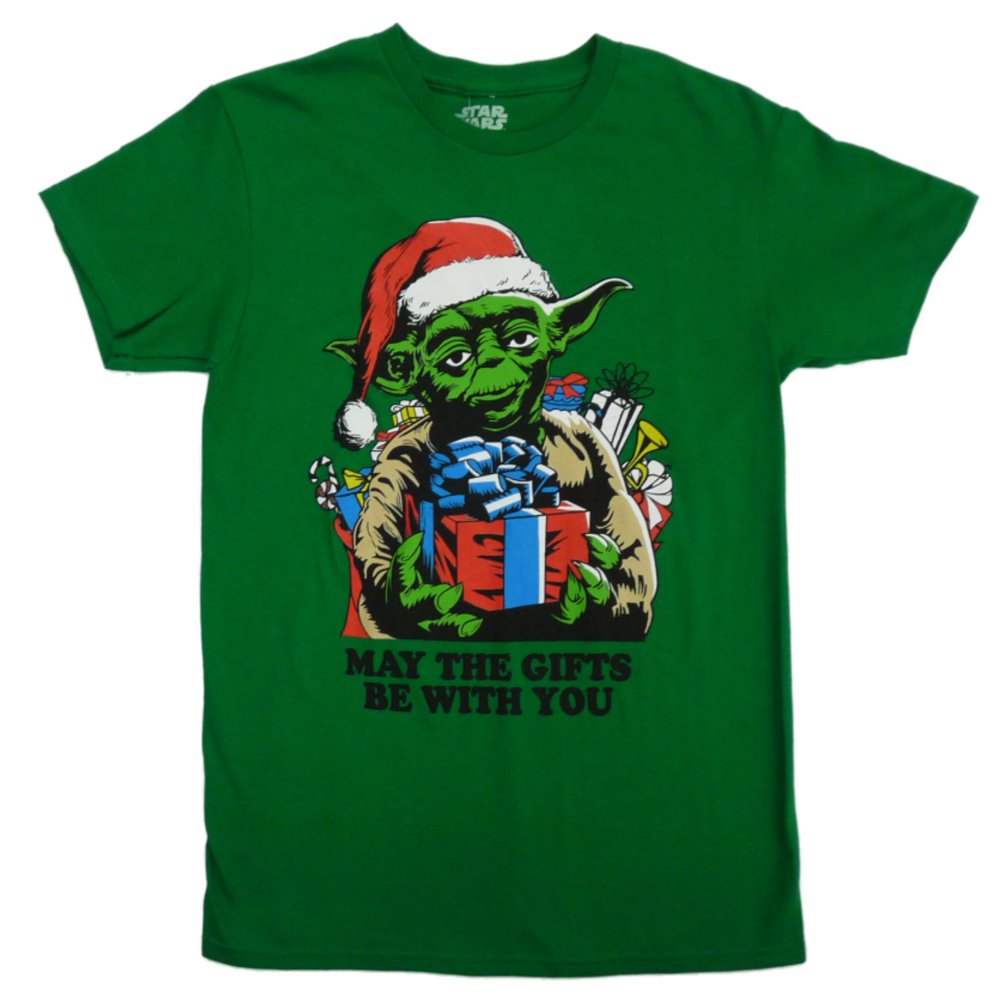 Star Wars Star Wars Mens Green Christmas TShirt May The Gifts Be With You Yoda Shirt