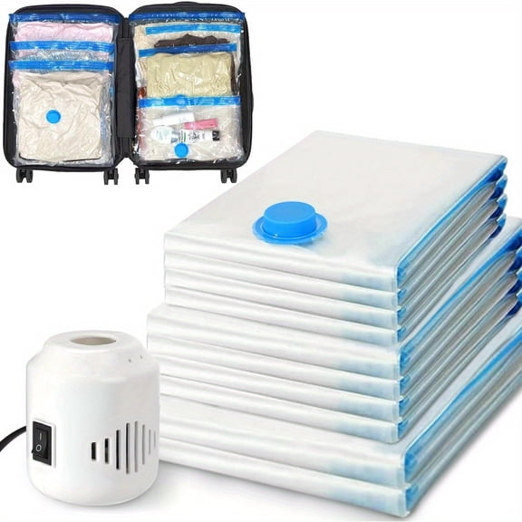 10 Pack Large Vacuum Compression Bags with Electric Pump | Heavy-Duty Plastic Seal Space Saver | For Clothing, Blankets & Bedding | Vacuum Sealer System for Travel & Organization