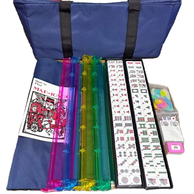 Ploomi American Mahjong Tiles Set, 166 White Tiles, 4 Color Racks & Pushers, Complete Western Mahjong Set with Blue Carrying Bag for Beginners & Expe