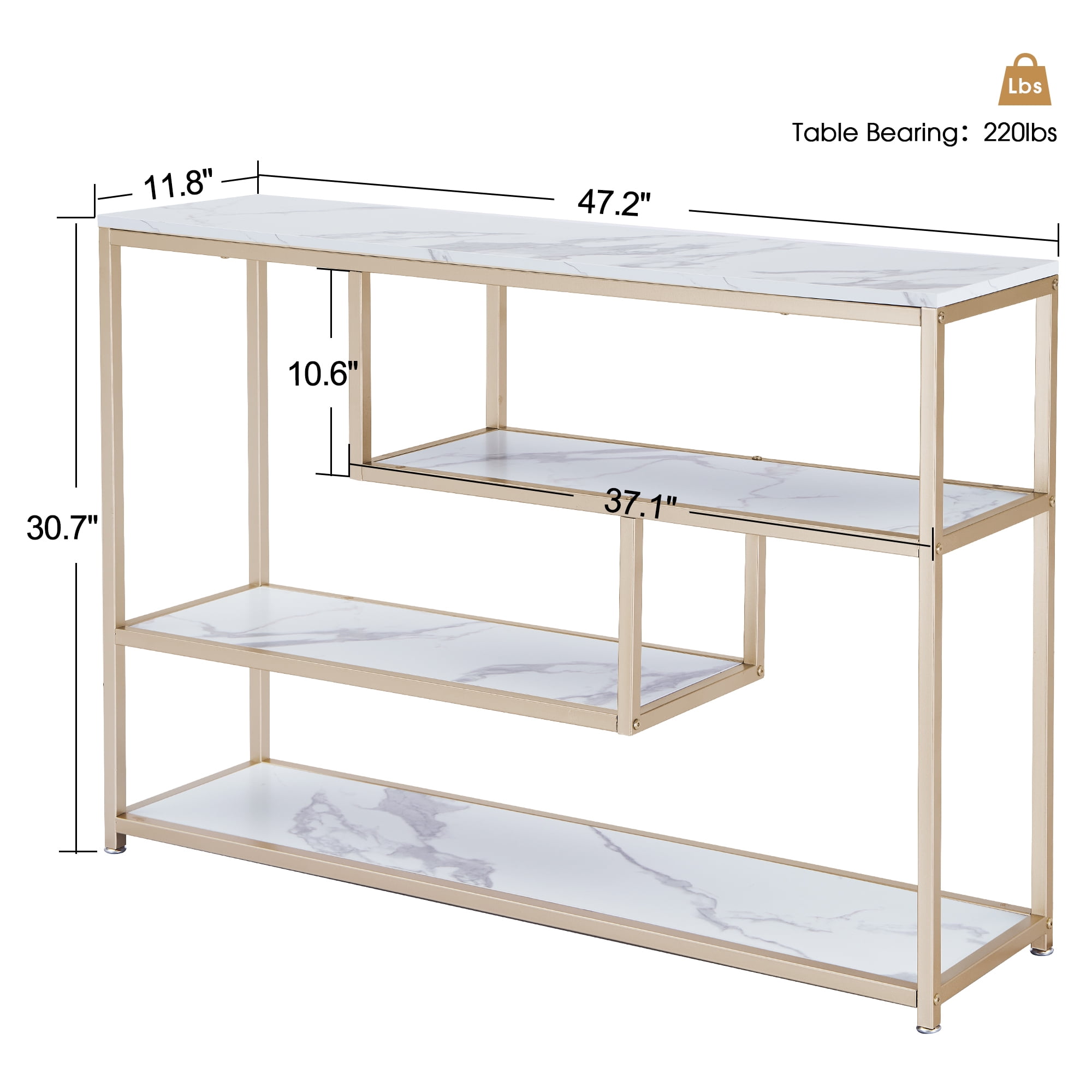 Ivinta 3-Tier White Marble Console Table with Shelves, Entryway Table TV Stand with Gold Metal Frame