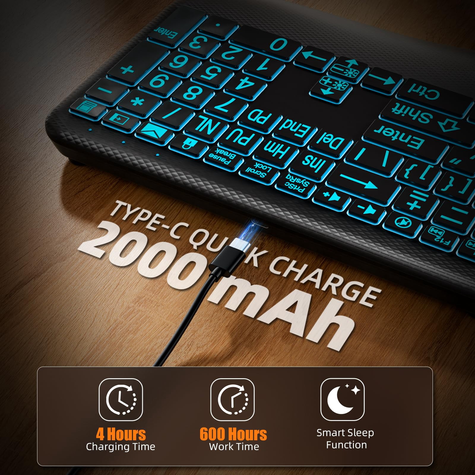 GEAK Large Print Wireless Keyboard, Full-Size Ergonomic Keyboard with Wrist Rest for Computer Keyboards, Rechargeable Silent Keyboard Gaming with 7-Color Backlit Light up Keys for Laptop Mac Windows