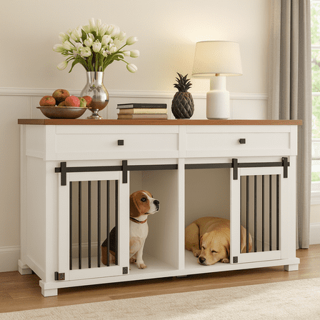 63'' Large Dog Crate Furniture for Double Dog, Wooden Dog Kennel with 2 Drawers,Divider and Sliding Door, Water Resistant Indoor Pets Furniture Style Double Dog Crates