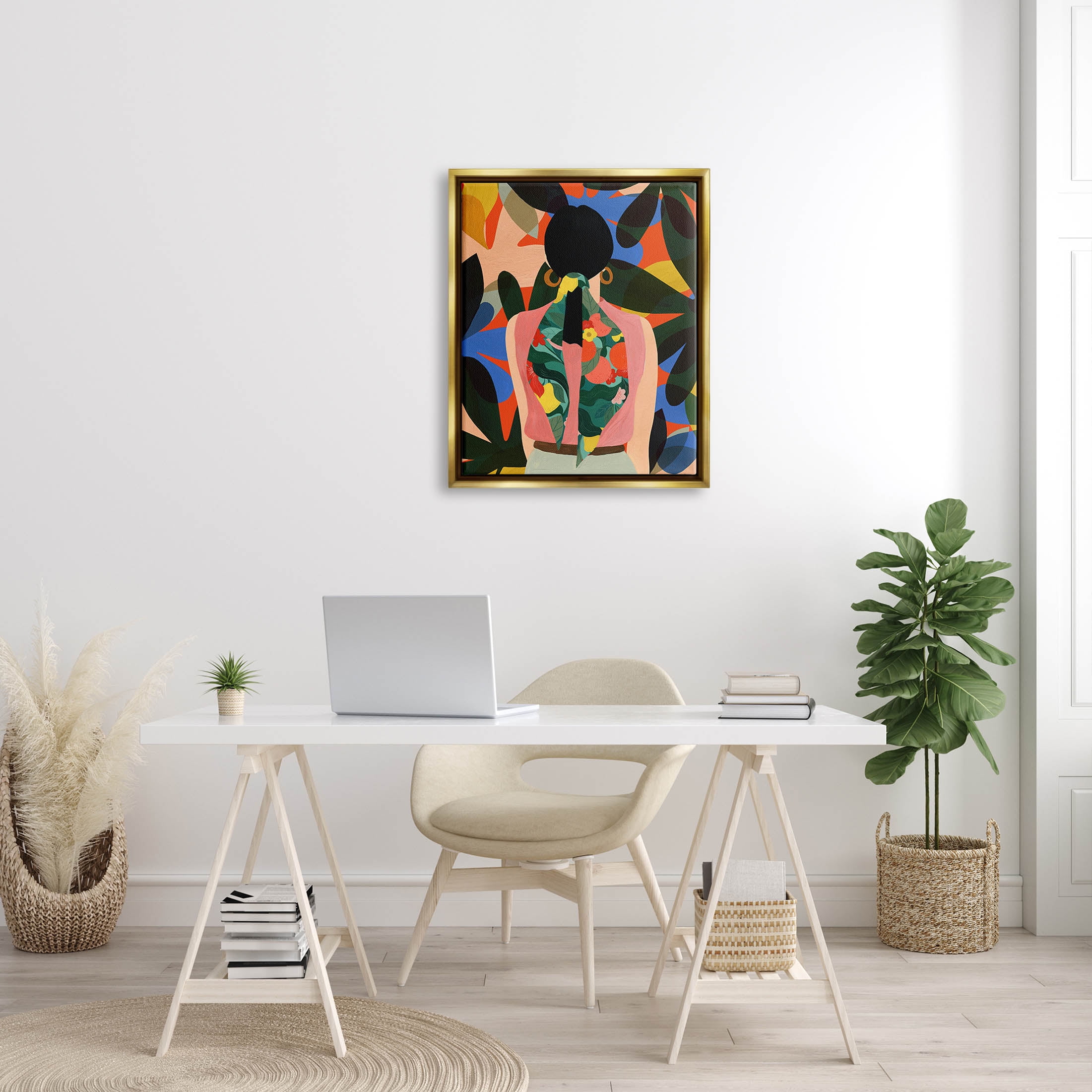 Stupell Industries Contemporary Floral Patterned Girl Graphic Art Metallic Gold Floating Framed Canvas Print Wall Art, Design by Emily Kopcik