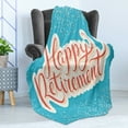 thumbnail image 4 of Going Away Party Soft Flannel Fleece Throw Blanket, Happy Retirement Banner Design Hand Lettering Congratulatory, Cozy Plush for Indoor and Outdoor Use, 70" x 90", Coral White Sky Blue, by Ambesonne, 4 of 5