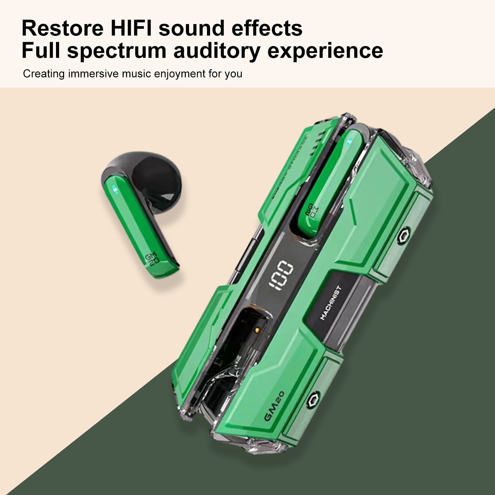 Wireless Earbuds Bluetooth 5.3 Headphones 90 Hrs Playtime Earbuds with Wireless Charging Case Power Display Over-Ear Earphones with Earhooks Waterproof Stereo Headset for Android Phone Workout,Green