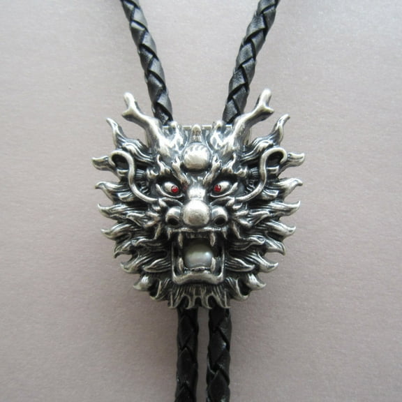 Vintage Silver Plated Real White Pearl Dragon Bolo Tie Leather Necklace