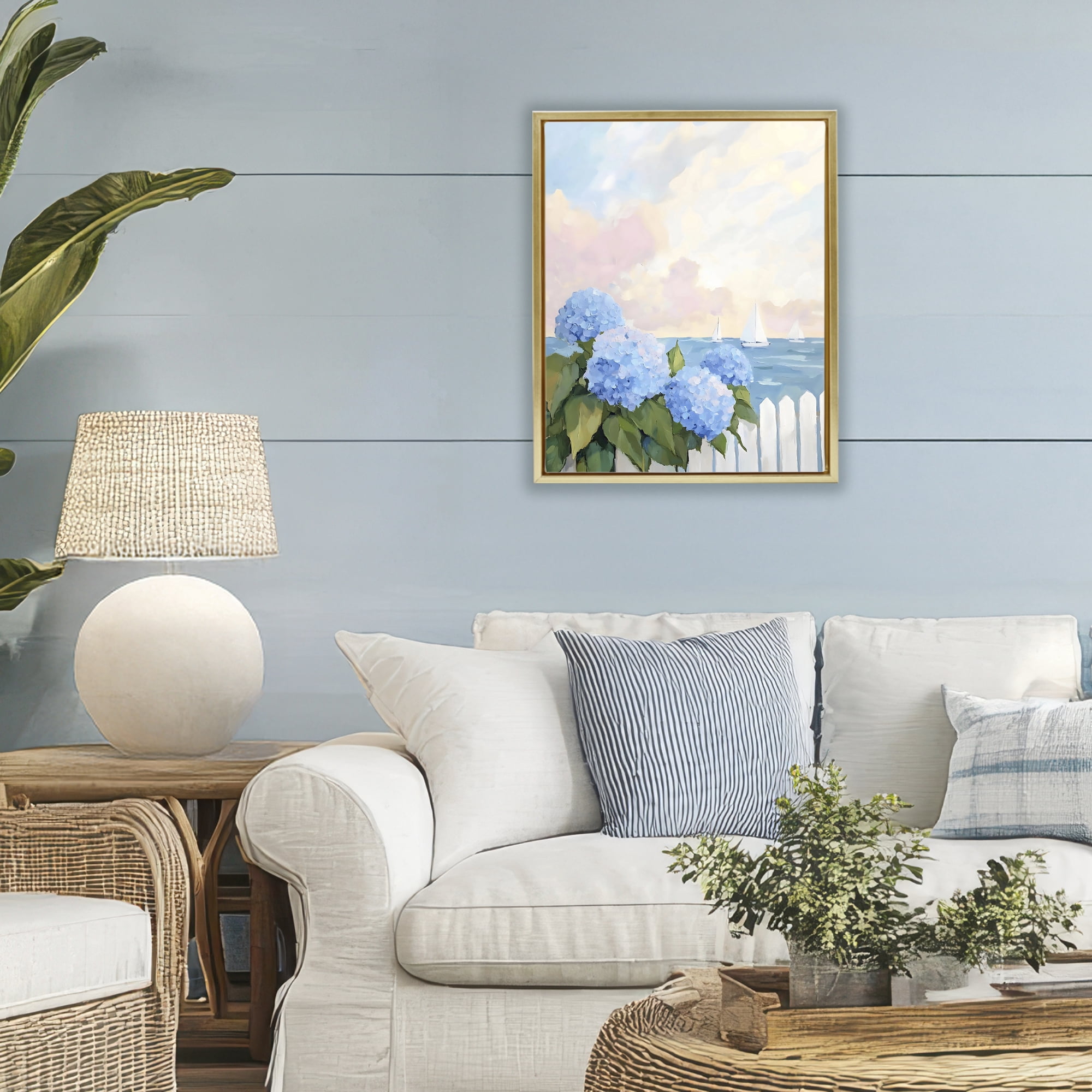 Stupell Industries Hydrangeas By The Sea Gold Framed Floater Canvas Wall Art, design by Creative Studio