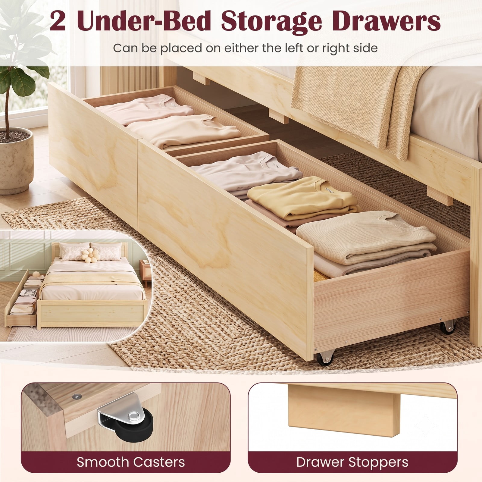 Furnibear Full Size Bed Frame with Storage, Wooden Platform Bed Frame with 2 Rolling Drawers, Full Bed Frame No Box Spring, Natural