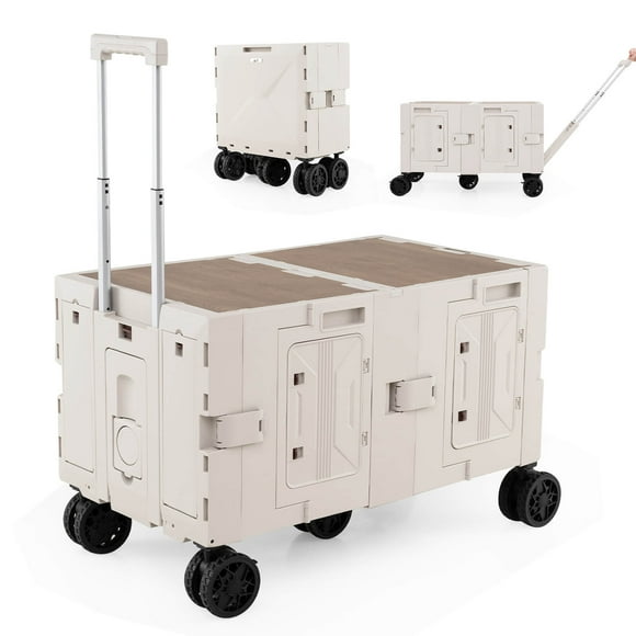 Costway Large Foldable Utility Cart with  2-Tier Storage Crates 5 Rotate Wheels Metal White