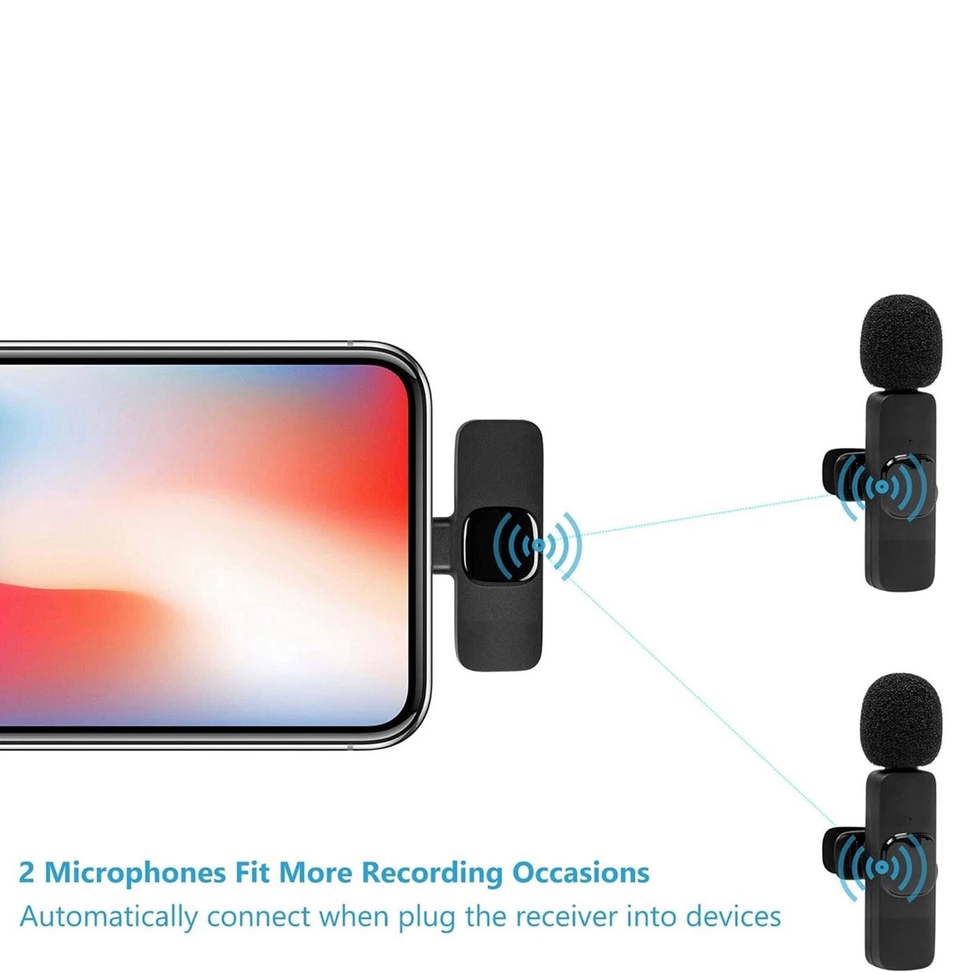 2-in-1 Wireless Lavalier Microphone Compatible for iPhone & Android, Plug & Play Clip-On Mic with Noise Cancellation for Gaming, Live Streaming, Vlog, YouTube, TikTok & Podcast