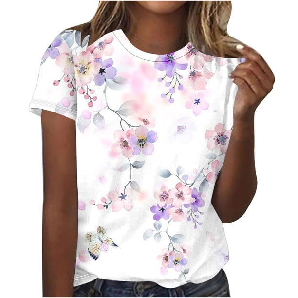 Tops Cortos para Mujeres Retro Impreso Cuello Redondo Manga Corta, Camiseta Casual para Uso Diario Y de Fiesta
