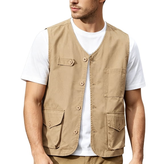 VeFlora Fishing Vests for Men with Multi Pockets Cotton Utility Safari Travel Vest Outdoor Work Photo Cargo Fly Hiking Gear(Khaki/XL)