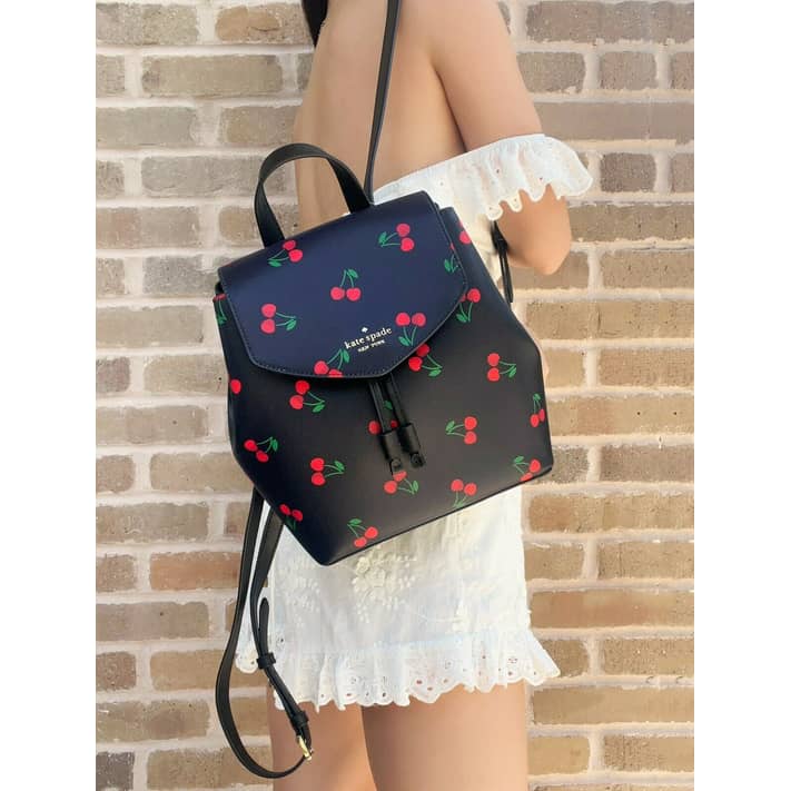 Kate Spade Lizzie Medium Flap Backpack Black Bag Purse Cherry Print -  