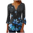 thumbnail image 3 of QATAINLAV Floral Tops for Women Summer Casual 3/4 Sleeve Boho Blouses Loose Fit Button V Neck Tunic Shirts Pleated Flare Sleeve Tshirts Blue XXL, 3 of 6