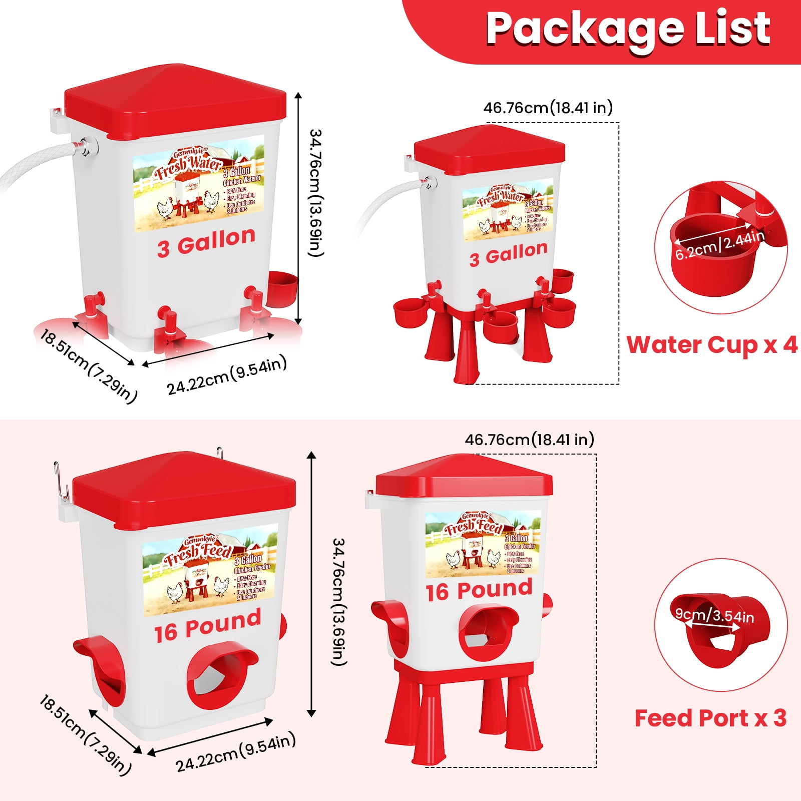 Chicken Feeder and Waterer Set - Automatic Float Valve Waterer with Built-in Filter,  Poultry Feeding & Watering Equipment for Chickens, Ducks, Geese, Chicken Coop Accessories(Red)