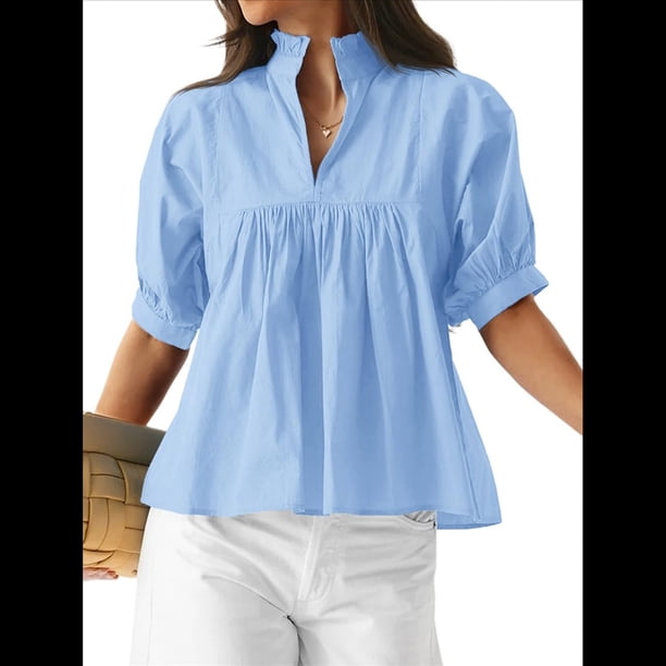 Blusa con Cuello en V y Mangas Abullonadas para Mujer, Estilo Babydoll, Peplum, Elegante, Informal, Plisada, Holgada. Azul L