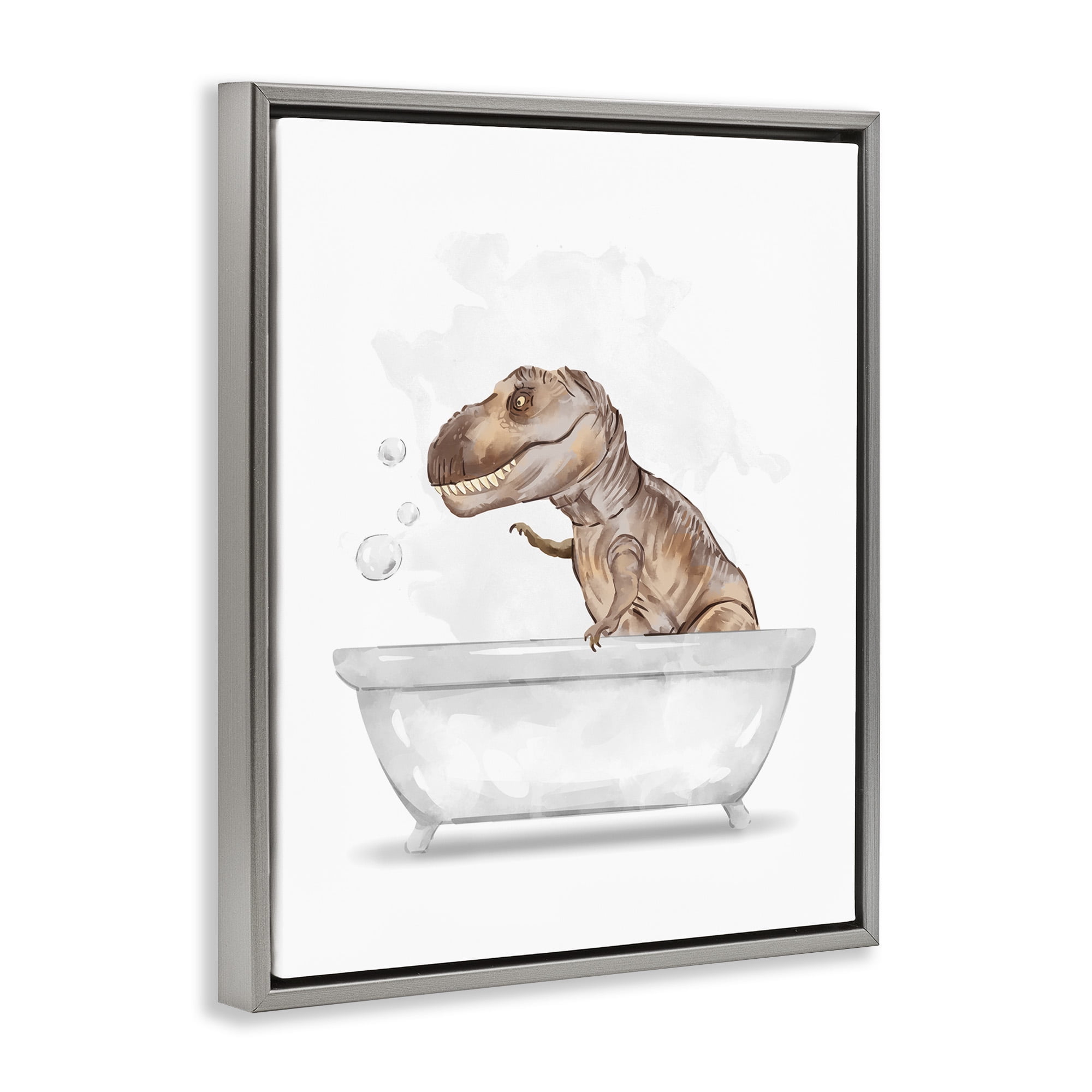 Stupell Industries T-Rex Dino in Bubble Bath Animals & Insects Painting Gray Floater Framed Canvas Art Print Wall Art, 17 x 21
