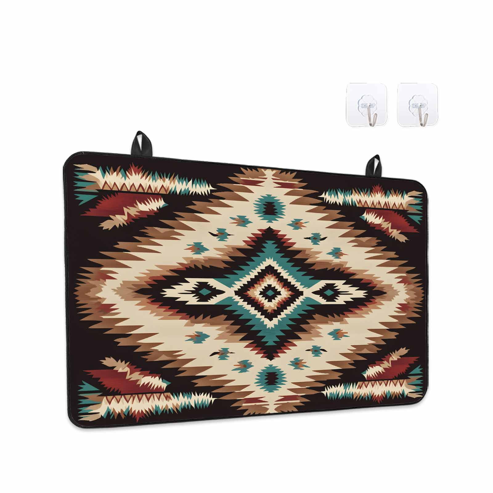 Brown Teal Red Boho Stove Top Cover for Electric Stove, Heat-proof & Non Slip Glass Top Stove Cover Protector, Southwestern Vintage Geometric Art Kitchen Flat Cooktop Rubber Mat 24x21 Inches