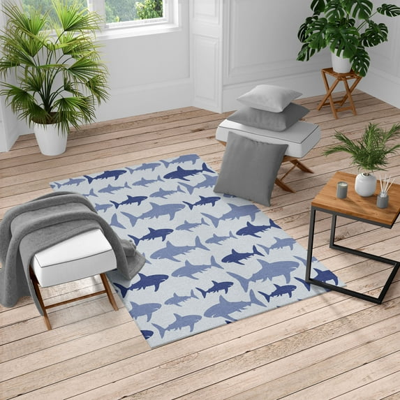 Sea Animals Turkish Area Rug, Monochrome Shark Illustration Fashion Maritime Illustration Aquatics, Soft Carpet for Living Room Decor with Distressed Look, 6.6' X 9.6', Blue Grey, by Ambesonne
