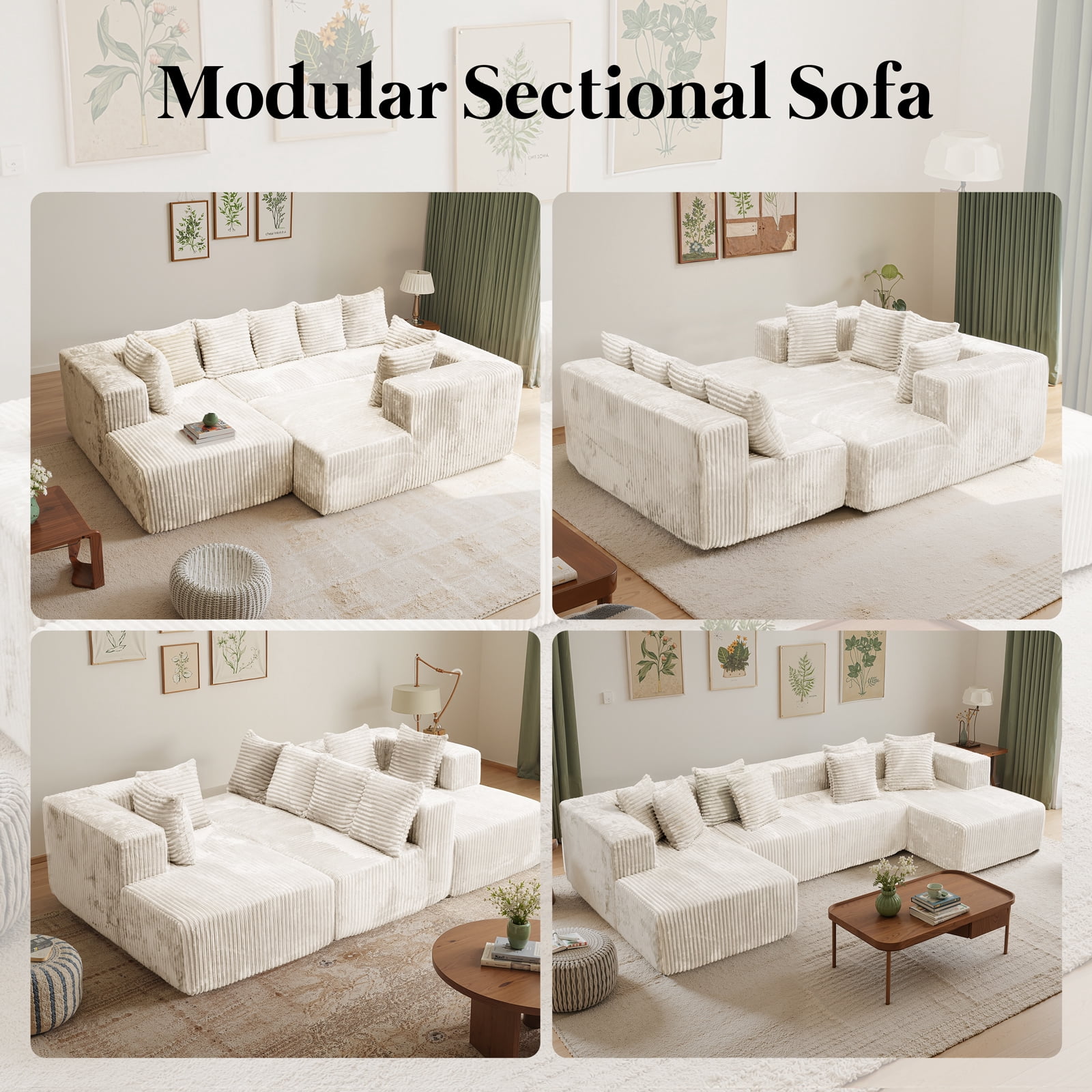 Kelyda 130'' U Shaped Sectional Couches, Modern Deep Seat Foam Boneless Cloud Sofa for Living Room Beige