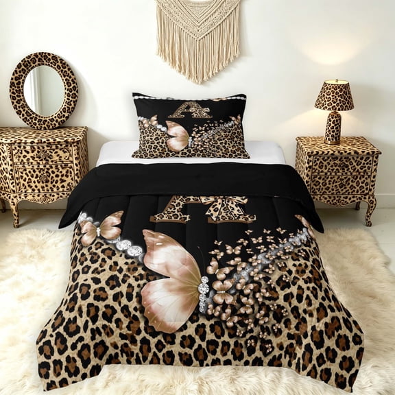 Manfei Leopard Print Monogrammed A Twin Comforter Sets,Dreamy Butterfly Bedding Set,Black Brown,2-Piece,1 Comforter and 1 Pillowcase