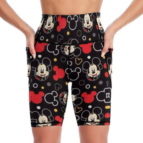 Mickey Knee-Length Yoga Shorts for Women Tummy Control High Waisted Running Biker Shorts S