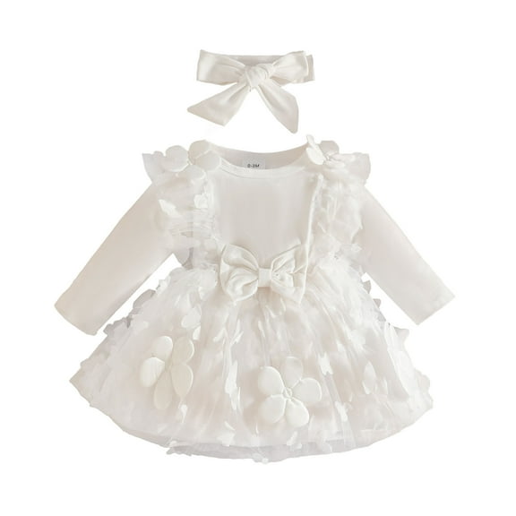 FYDUU Baby Girls Long Sleeve Holiday Party Floral Dress Dance Party Dress Headbands Set Dresses Casual Sundress Leisure Vintage 12-18 Months