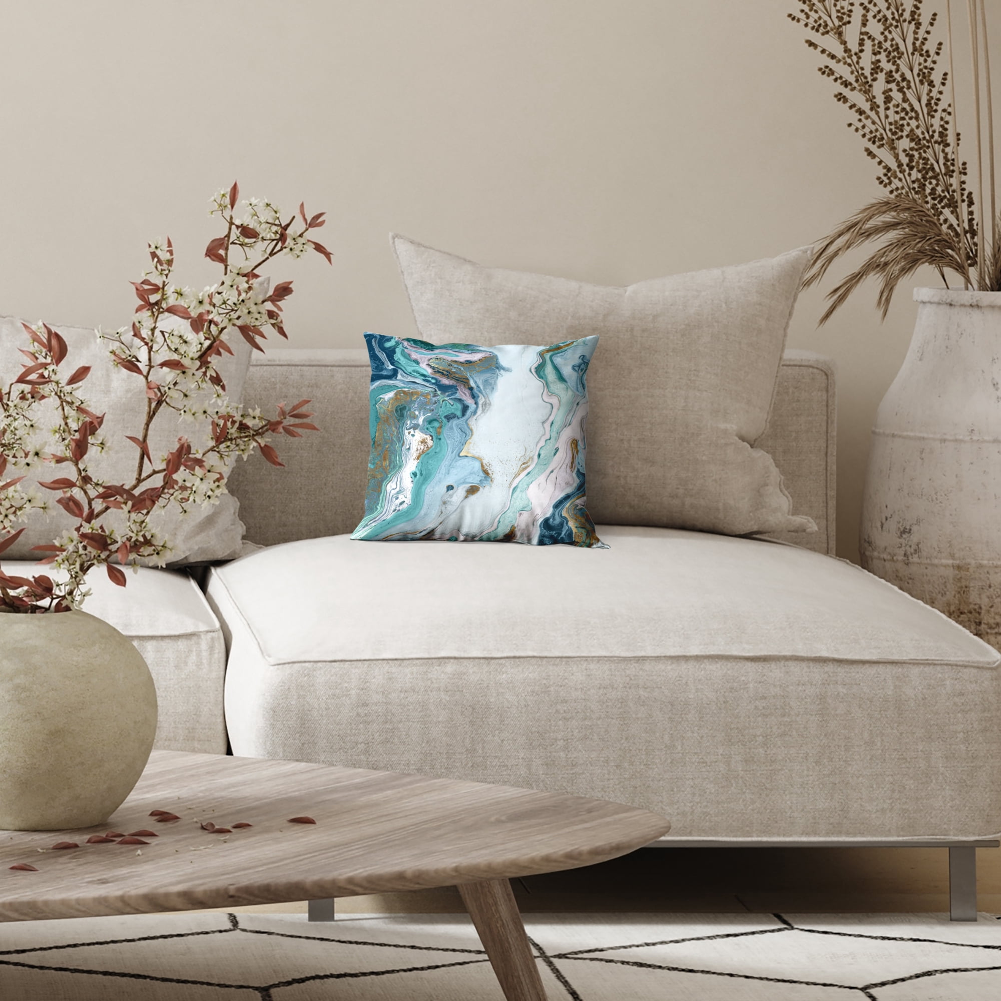 Americanflat 14"x14" Abstract Marble Design Throw Pillow with Premium Polyester - White and Blue