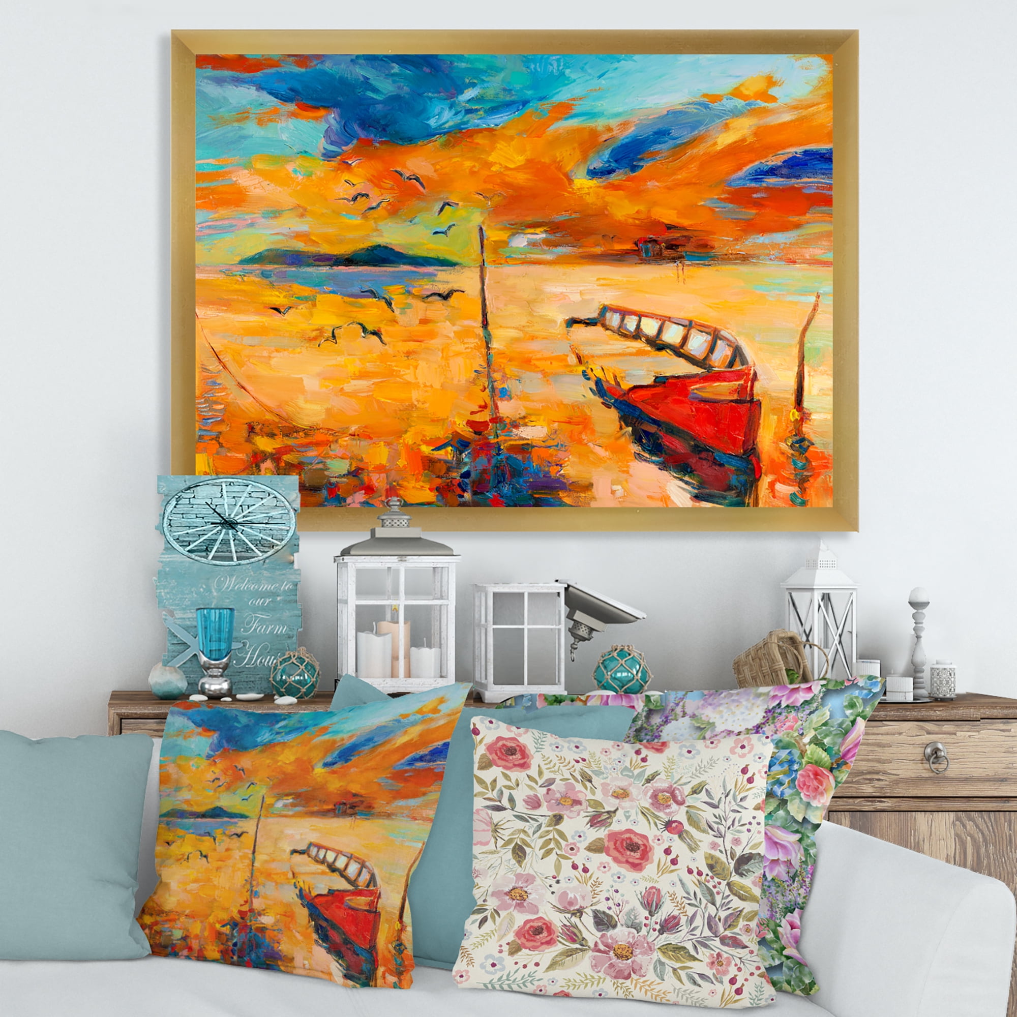 Boat At The Lake During Evening Glow VIII 20 in x 12 in Framed Painting Canvas Art Print, by Designart