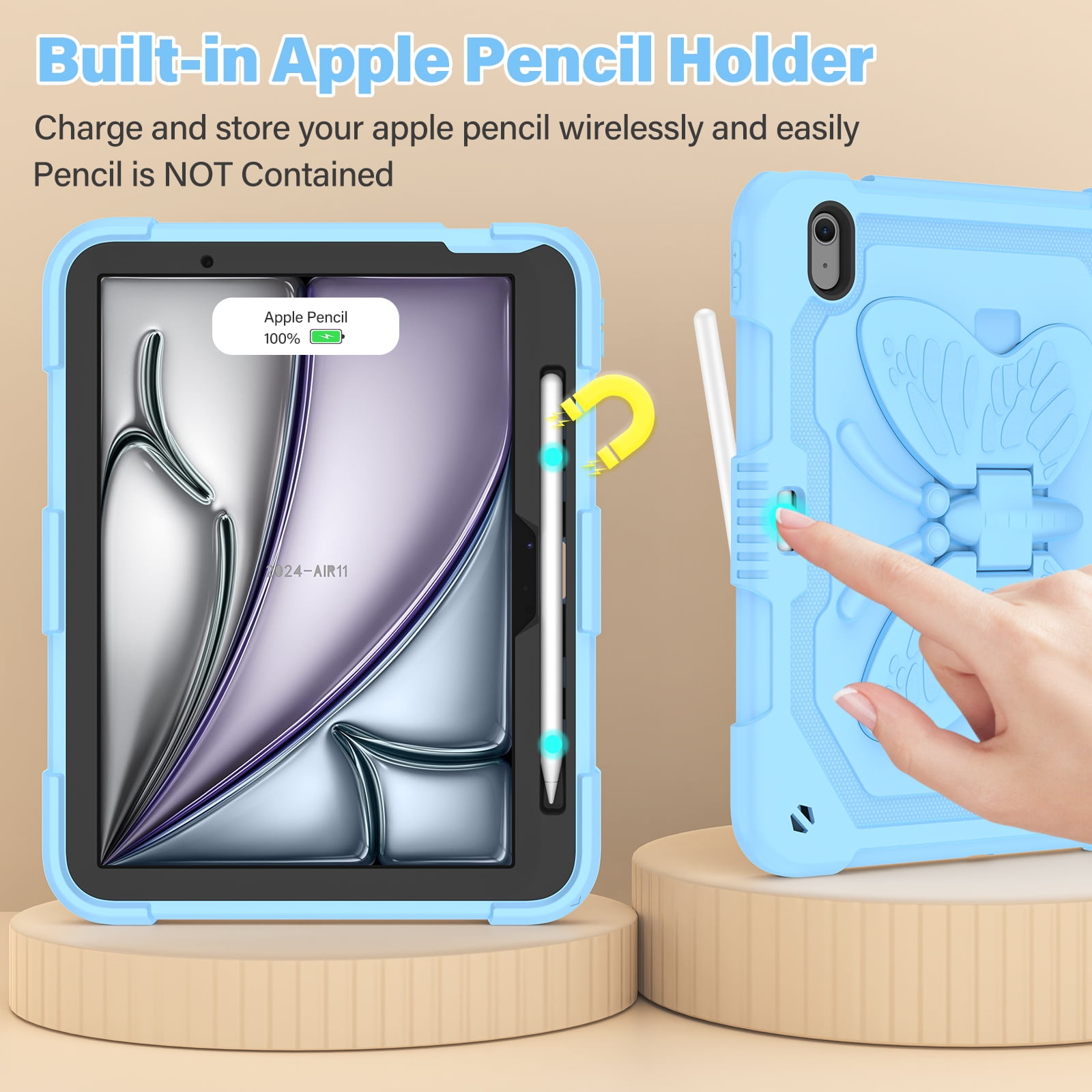 For iPad A16 11th 10th Generation 2025/2022 Case, Rugged Hybrid Cover with Butterfly Wings Hidden Kickstand Pencil Holder Adjustable Shoulder Strap Drop Resistant Anti-Scratch Fashion Case,Blue