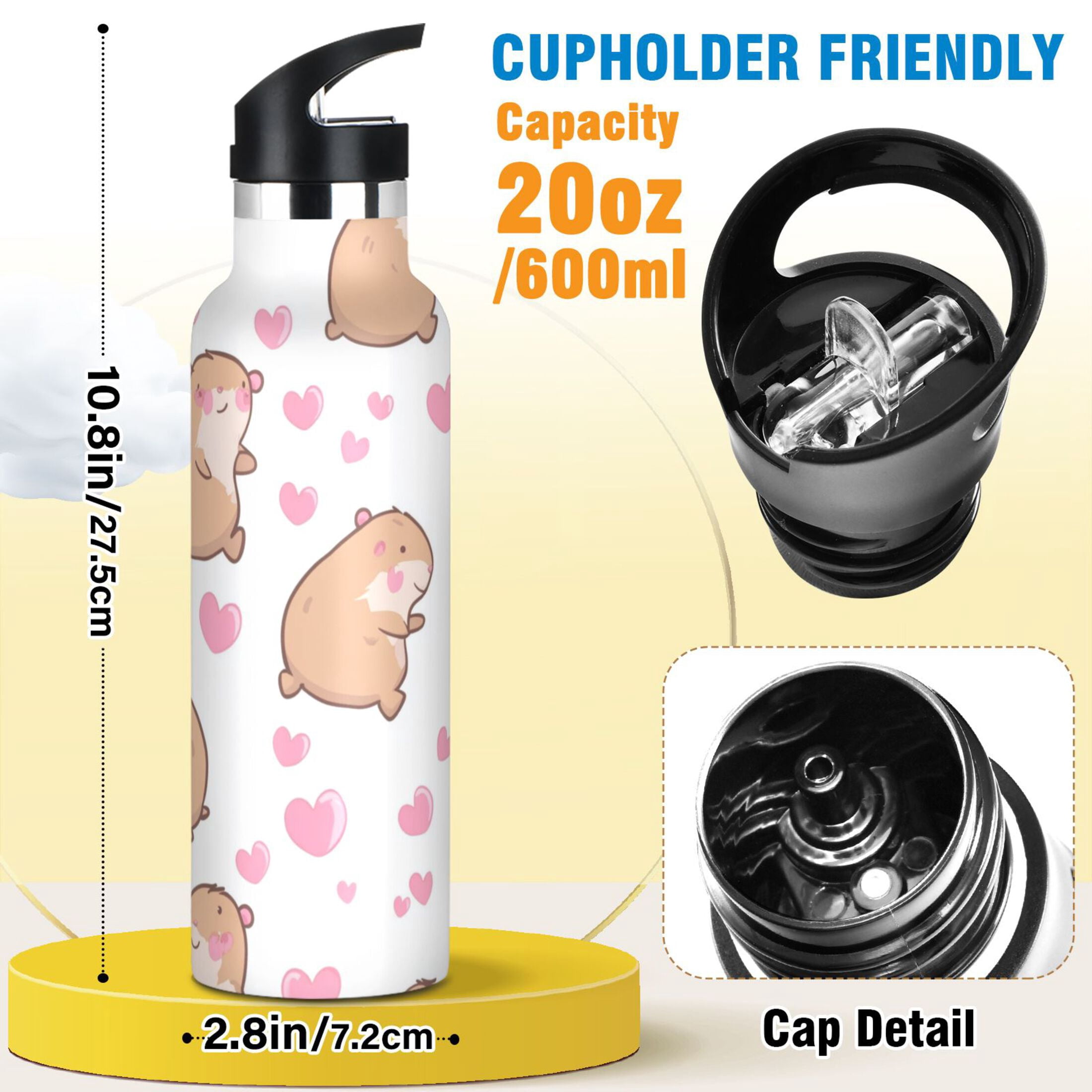 Kids Insulated Stainless Steel Sports Water Bottle 600ml (20oz) Capybaras and Heart