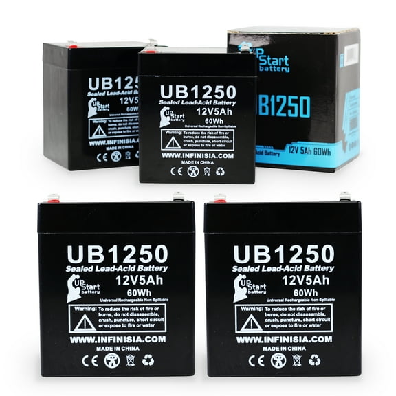 4x Pack - Compatible Digital Security PC2500 Battery - Replacement UB1250 Universal Sealed Lead Acid Battery (12V, 5Ah, 5000mAh, F1 Terminal, AGM, SLA) - Includes 8 F1 to F2 Terminal Adapters