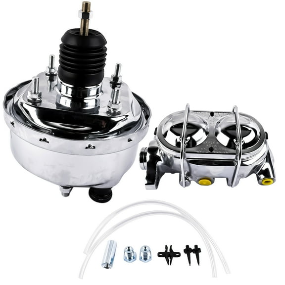 NEWZQ 7" Chrome Brake Booster with Bail Top Master Cylinder 1" Bore 4-Bolt Mount