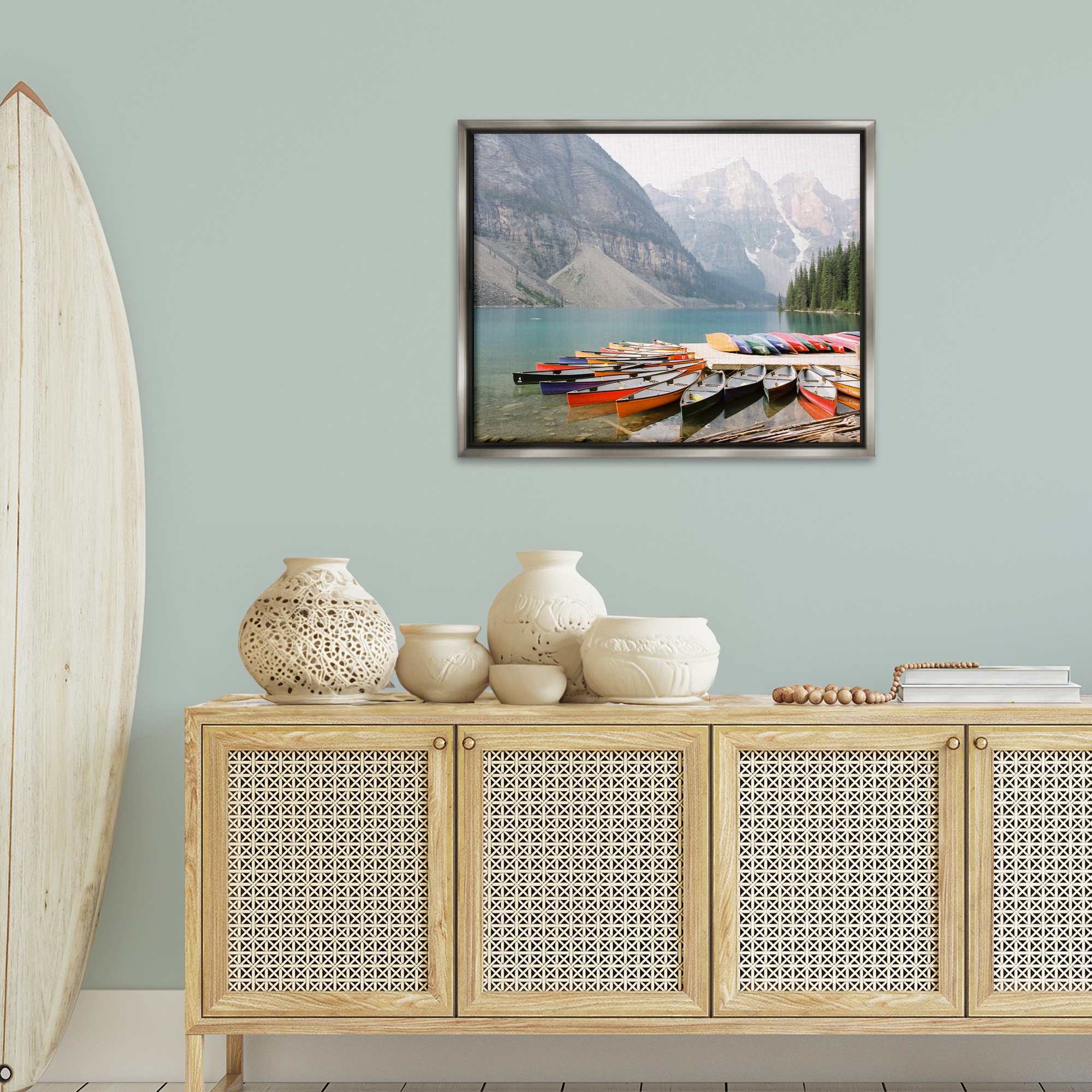 Stupell Industries Cliffside Canoe Dock Landscape Photography Gray Floater Framed Art Print Wall Art, 31 x 25