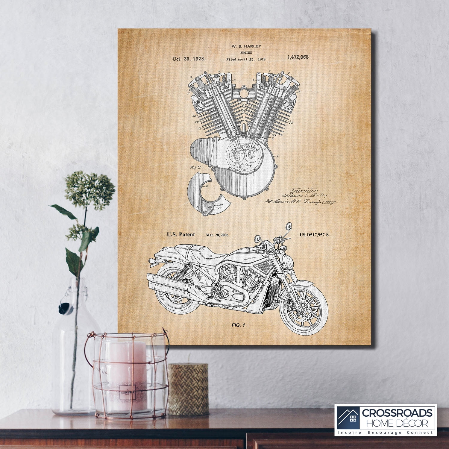 Vintage Harley Davidson Engine and Motorcycle Patent Canvas Frame, Harley Davidson Decor, Harley Davidson Gifts for Men, Motorcycle Art, Motorcycle Picture Frame,16x20