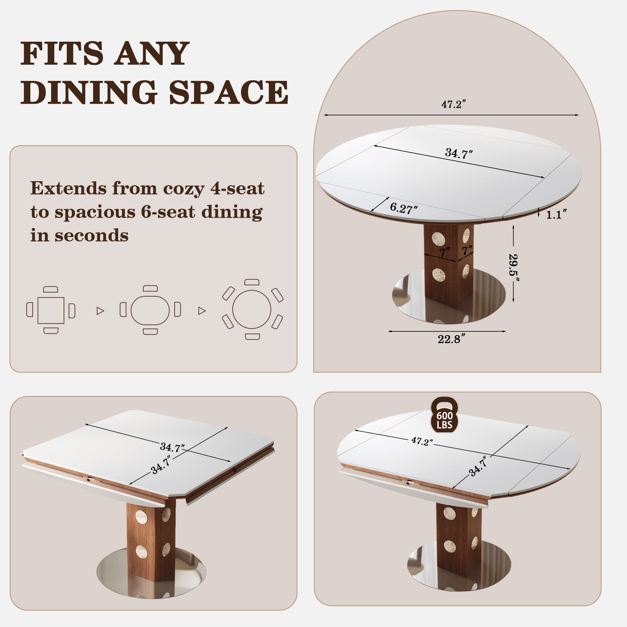 7 Piece Dining Table Set for 6, 47.2" Round Sintered Stone Table with Drop Leaf and 6 Upholstered Chairs