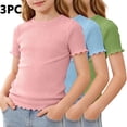 thumbnail image 2 of KyCheLot 3 Pack Ribbed Knit Tops for Girls Crew Neck Solid Color Short Sleeve T-Shirts Trendy Ruffle Trim T-Shirts, 2 of 5