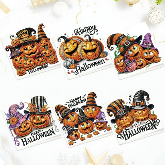 6pcs Diamond Painting Kit Greeting Card, Halloween Happy Pumpkin 5D DIY Diamond Handmade Holiday Greeting Card with Envelope, Christmas Gift Congratulation