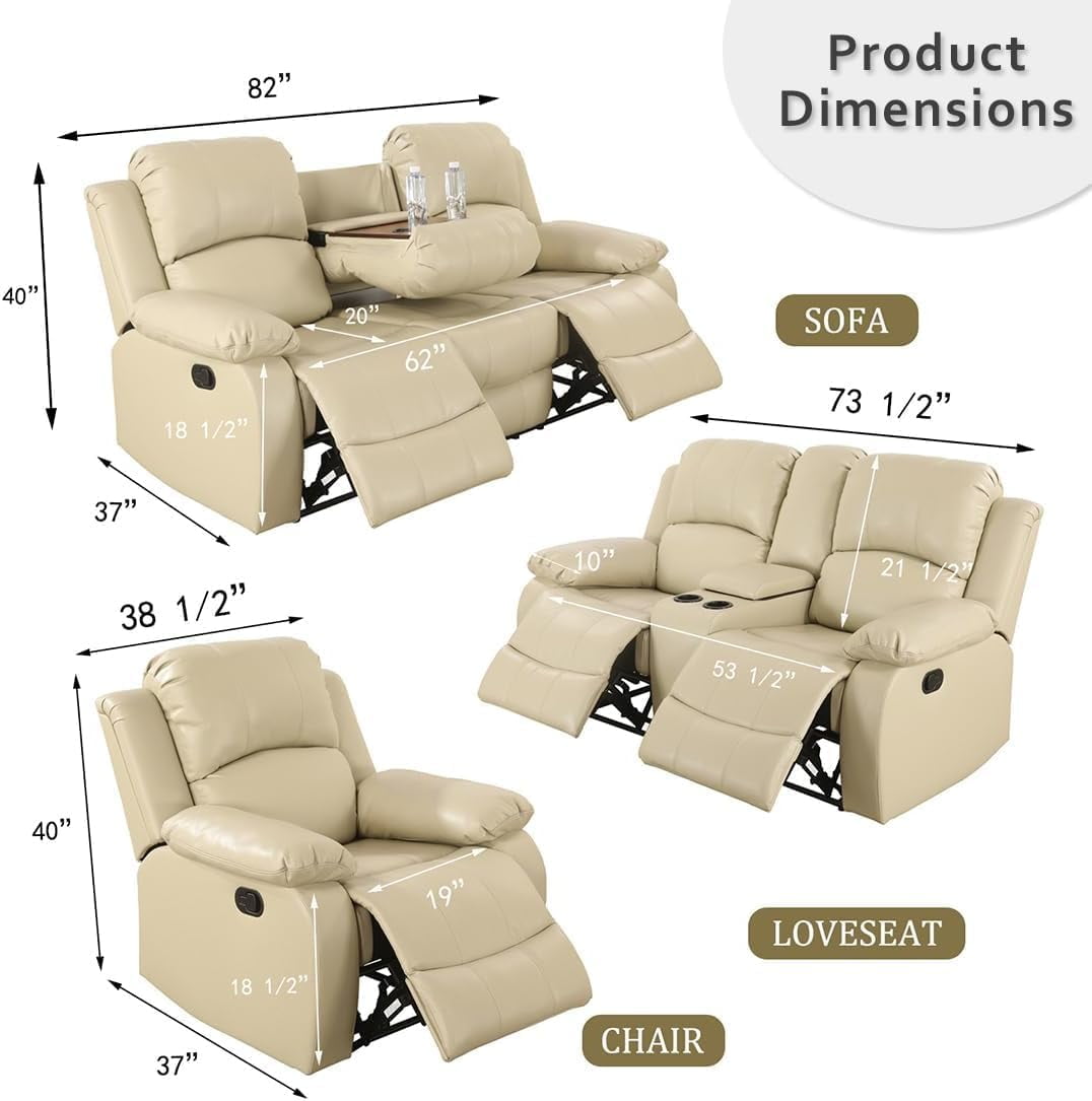 Bonded Leather Living Room Furniture Set Reclining Sofa Set Loveseat Furniture Sets in Living Room Sofa Recliners (3 Pieces, Beige)