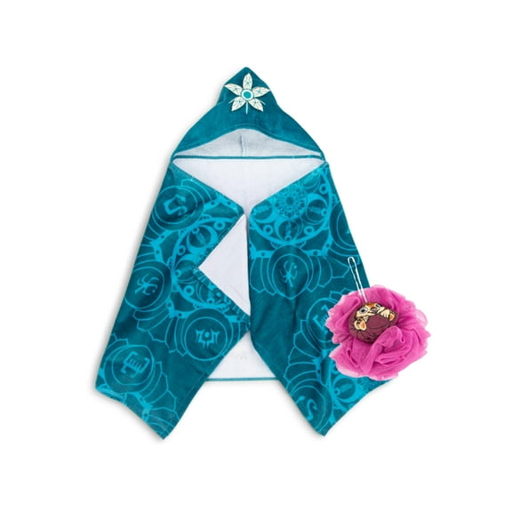 Raya Kids Hooded Towel and Character Loofah Set, Cotton, Teal, Disney