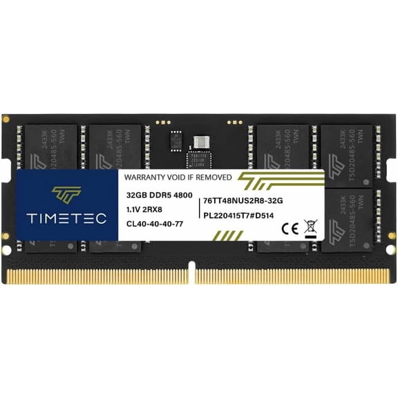 Timetec 32GB DDR5 Laptop RAM Memory, 4800MHz PC5-38400, SODIMM 262-Pin, Unbuffered Non-ECC, 1.1V CL40, Dual Rank 2Rx8