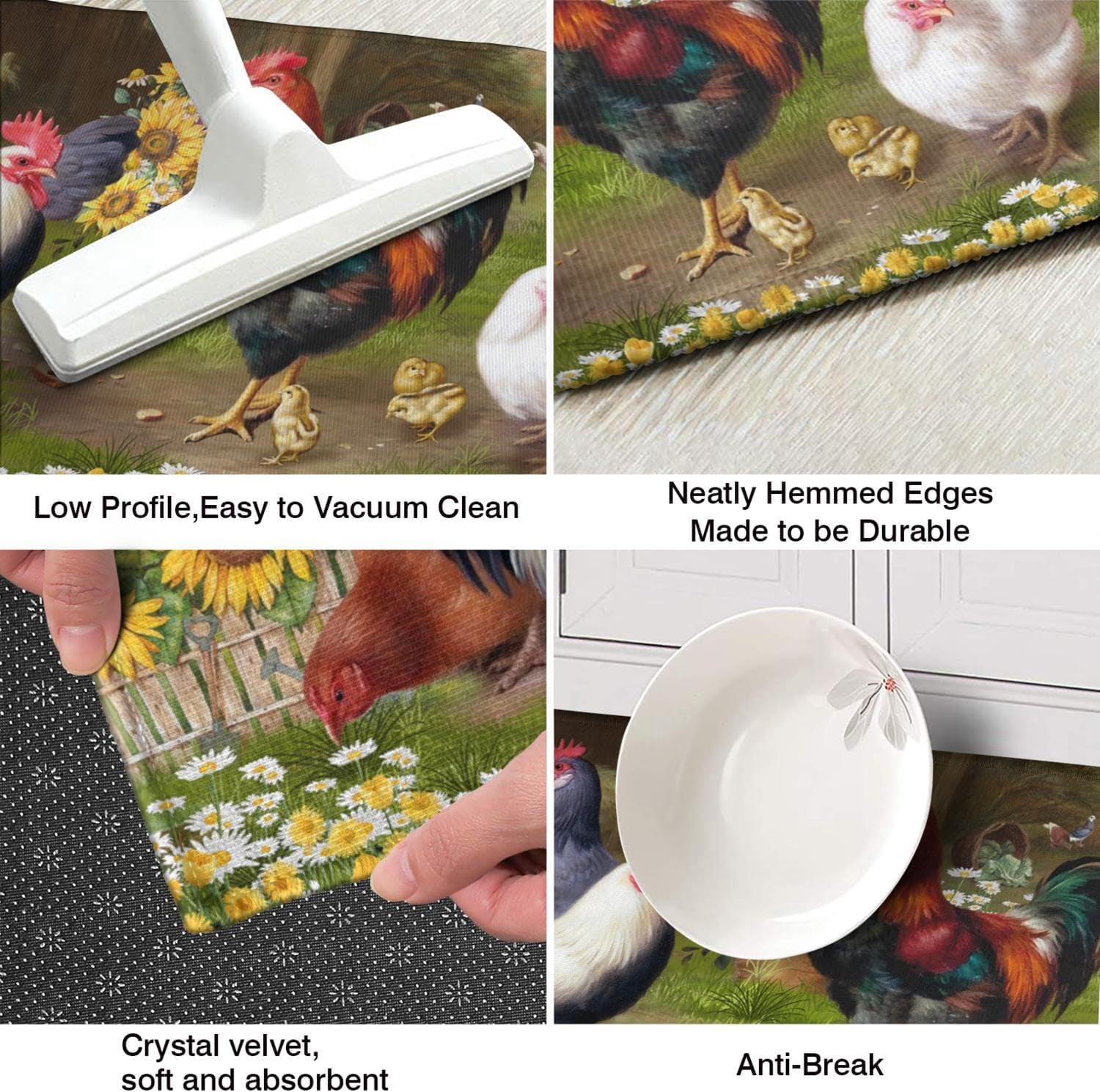 Rooster Theme Kitchen Rug 2 Piece Set, Farmhouse Decor Kitchen Floor Mat, Absorbent and Non-Slip Washable Runner Rug, Chicken Sunflower Decorations Kitchen Mats 17"x47"+17"x30"