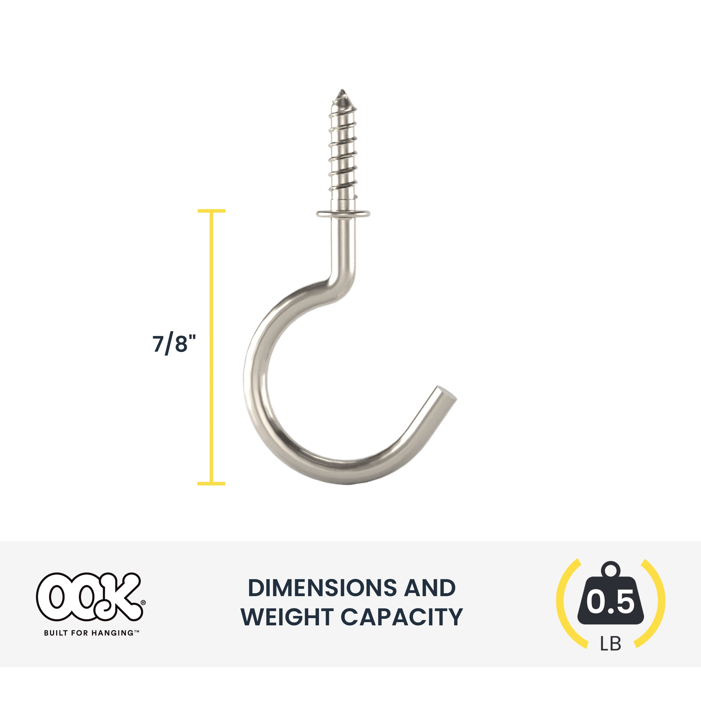 OOK Nickel Cup Hooks, 7/8", Screw-in Cup Hooks, 40 Pieces