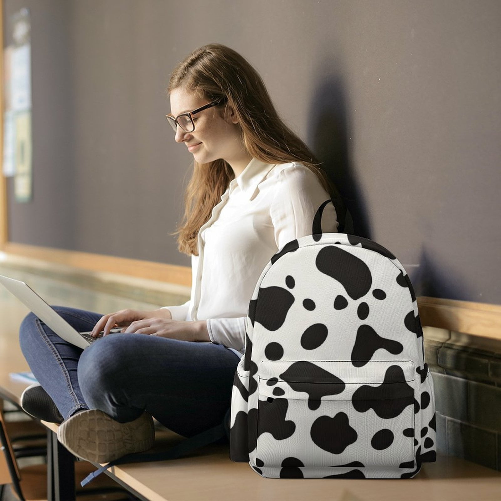 Large Capacity Half Print Backpack 11.8×16.5×5.9in Multifunctional Zipper Design Convenient Switch Simple Cow Print Pattern, Vector Art Style_3