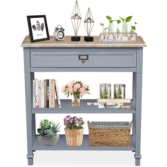 Console Table with Storage - Gray Skinny Entryway Table with Drawer and Storage Shelf, Narrow Wood Sofa Table for Living Room Bedroom Hallway