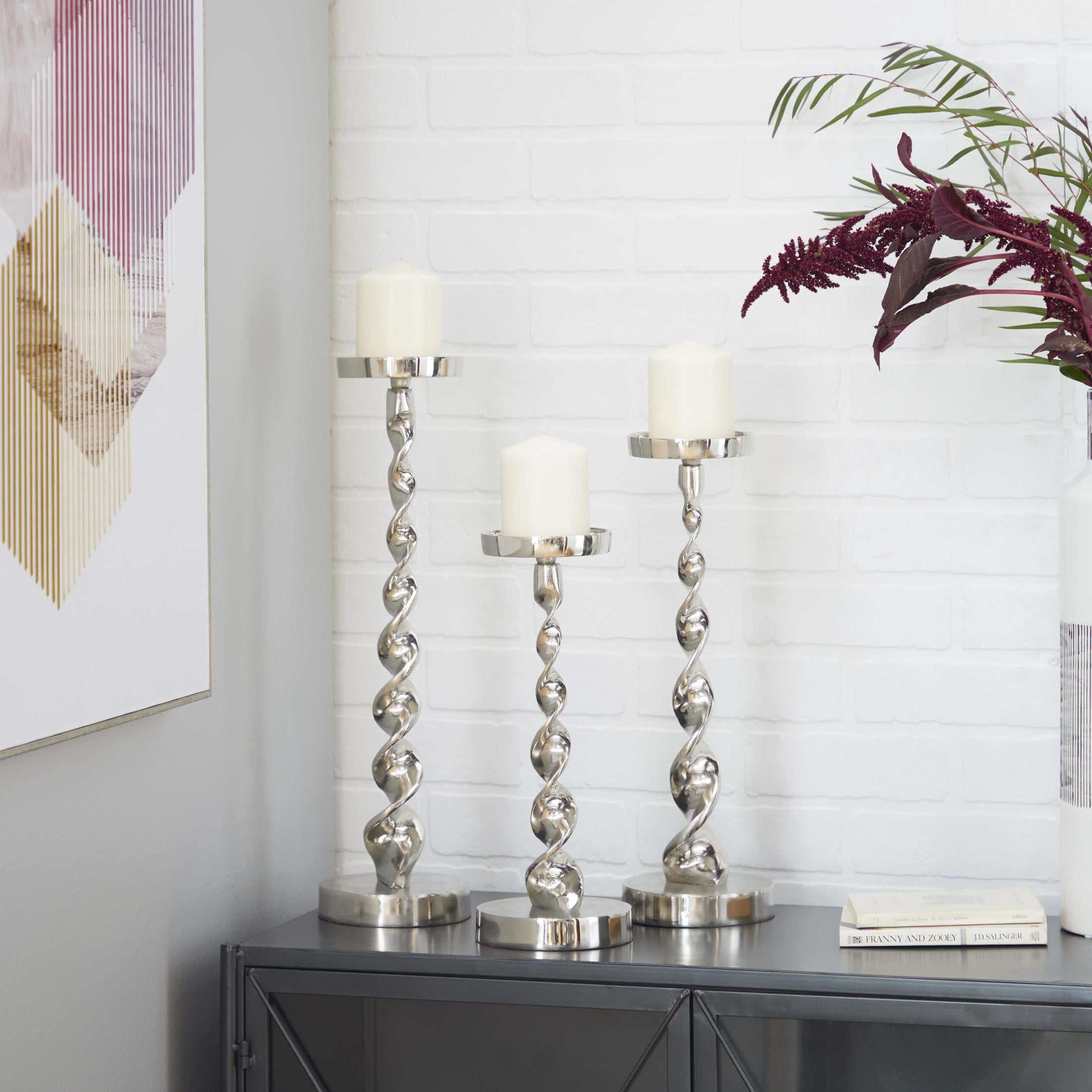 DecMode Aluminum Coastal Barley Twist Designed Candleholder Set of 3, 19", 16", 13" H, with High Gloss Silver and Slight Distressed Finish