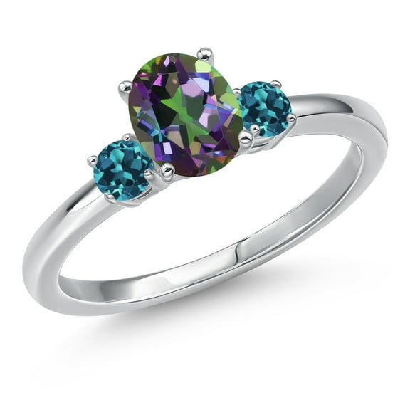 Gem Stone King 14K White Gold Green Mystic Topaz and London Blue Topaz Engagement Ring for Women | 1.26 Cttw | Oval 7X5MM | Gemstone November Birthstone | Size 7