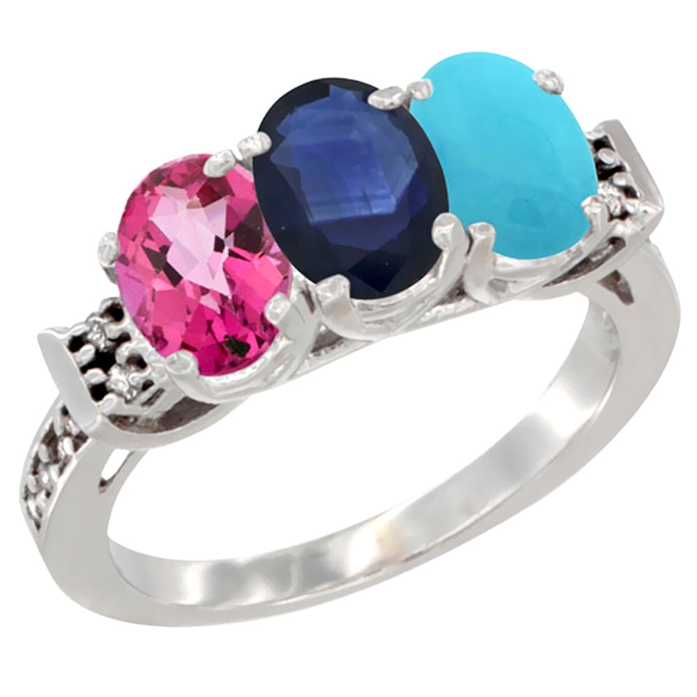 14K White Gold Natural Pink Topaz, Blue Sapphire & Turquoise Ring 3-Stone Oval 7x5 mm Diamond Accent, sizes 5 10 by WorldJewels